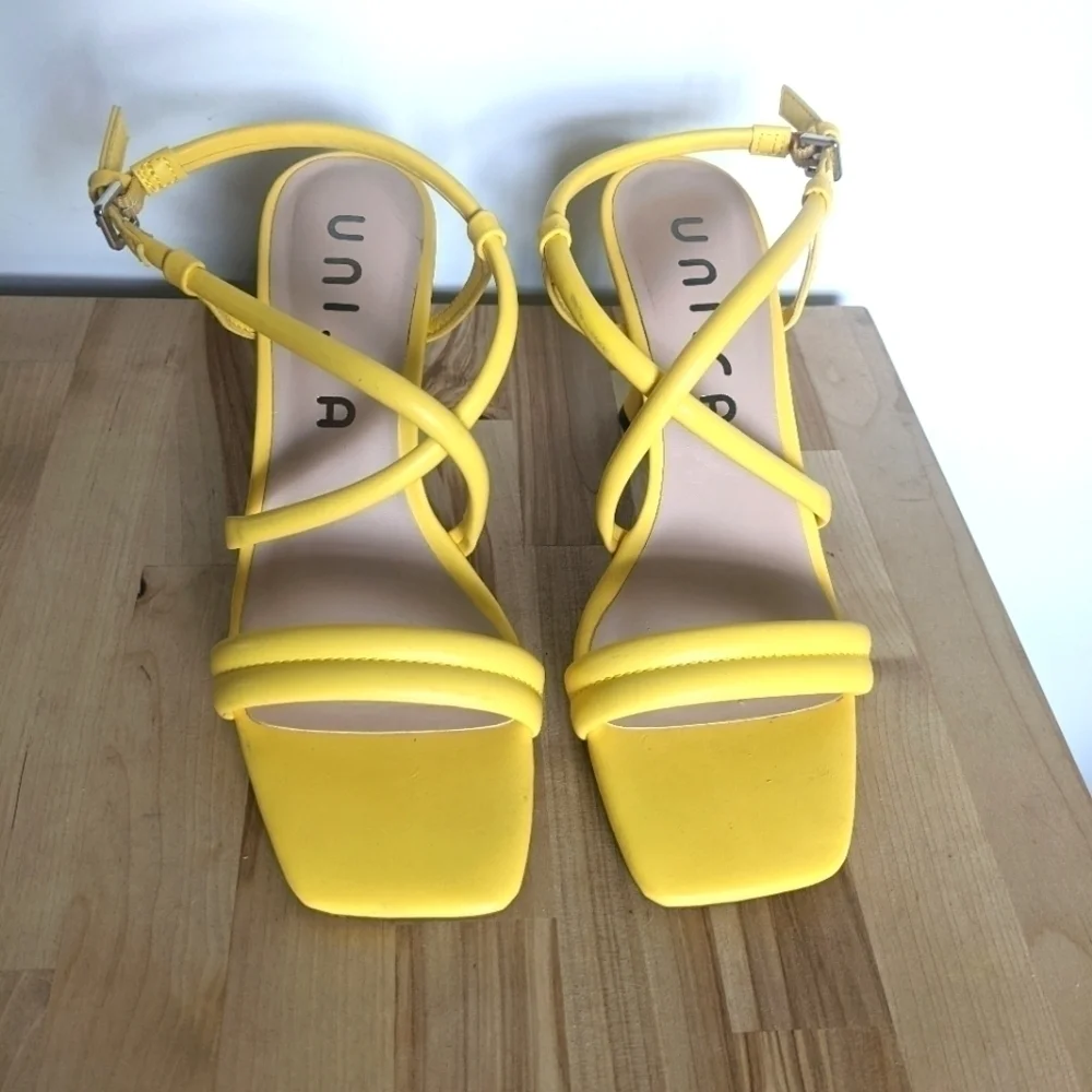 𝅺UNISA Yellow Square Toe Heeled Sandal 6.5 Summer Bright Maximalist Strappy